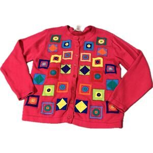 Bechamel Pink Knit Teacher Cardigan Sweater Colorful Geometric Squares Medium